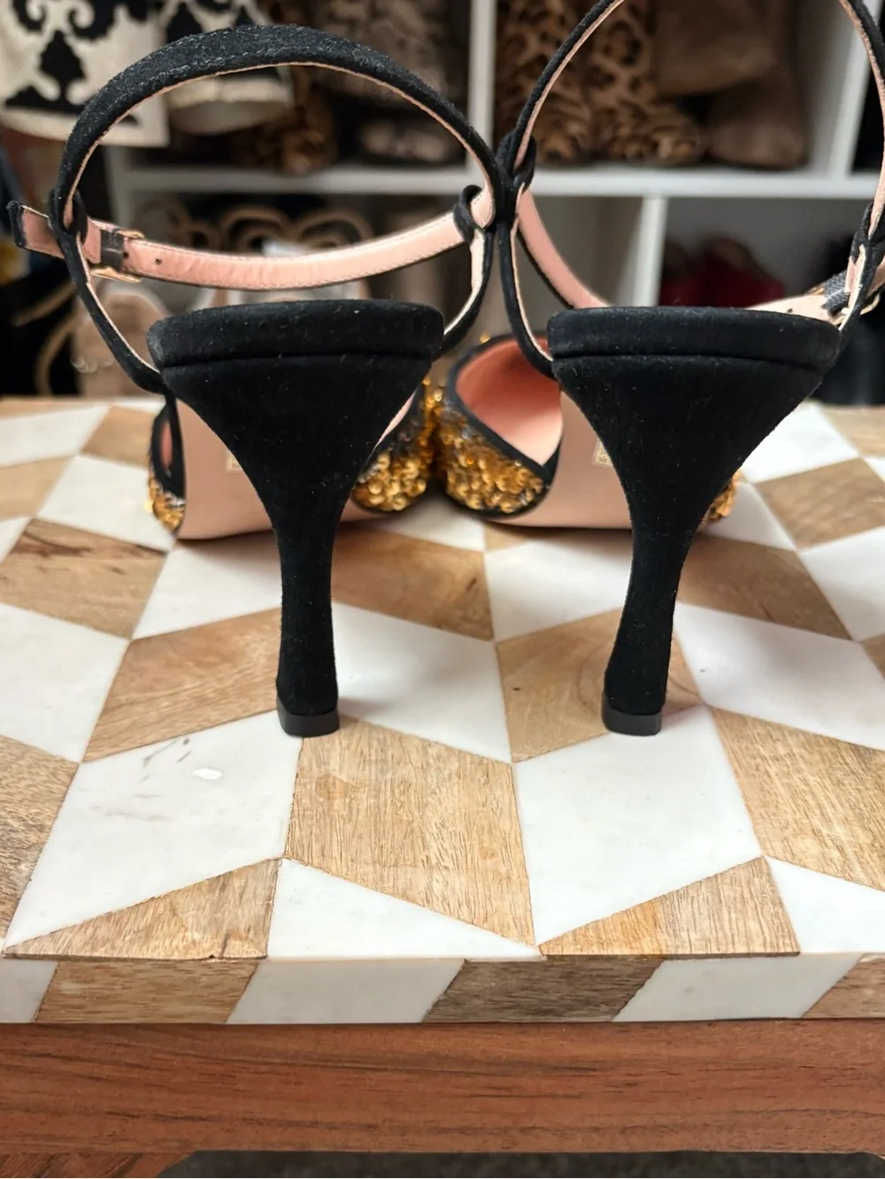 J. Crew Gold Sequin Pointed-Toe Ankle-Strap Heels with Black Trim